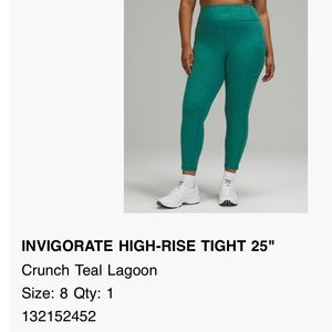 Lululemon Size 8 Invigorate 25inch teal lagoon leggings gently used